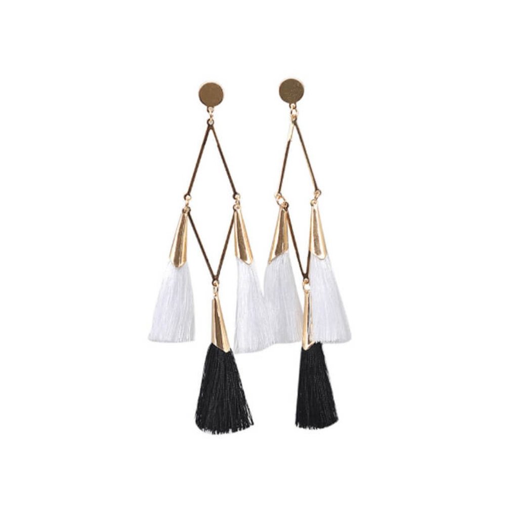 Dangle Tassel Earrings Gold Tone Black